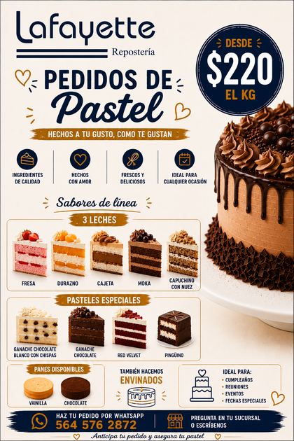 Cartel de pedidos de pastel de Repostería Lafayette, desde $220 el kilo